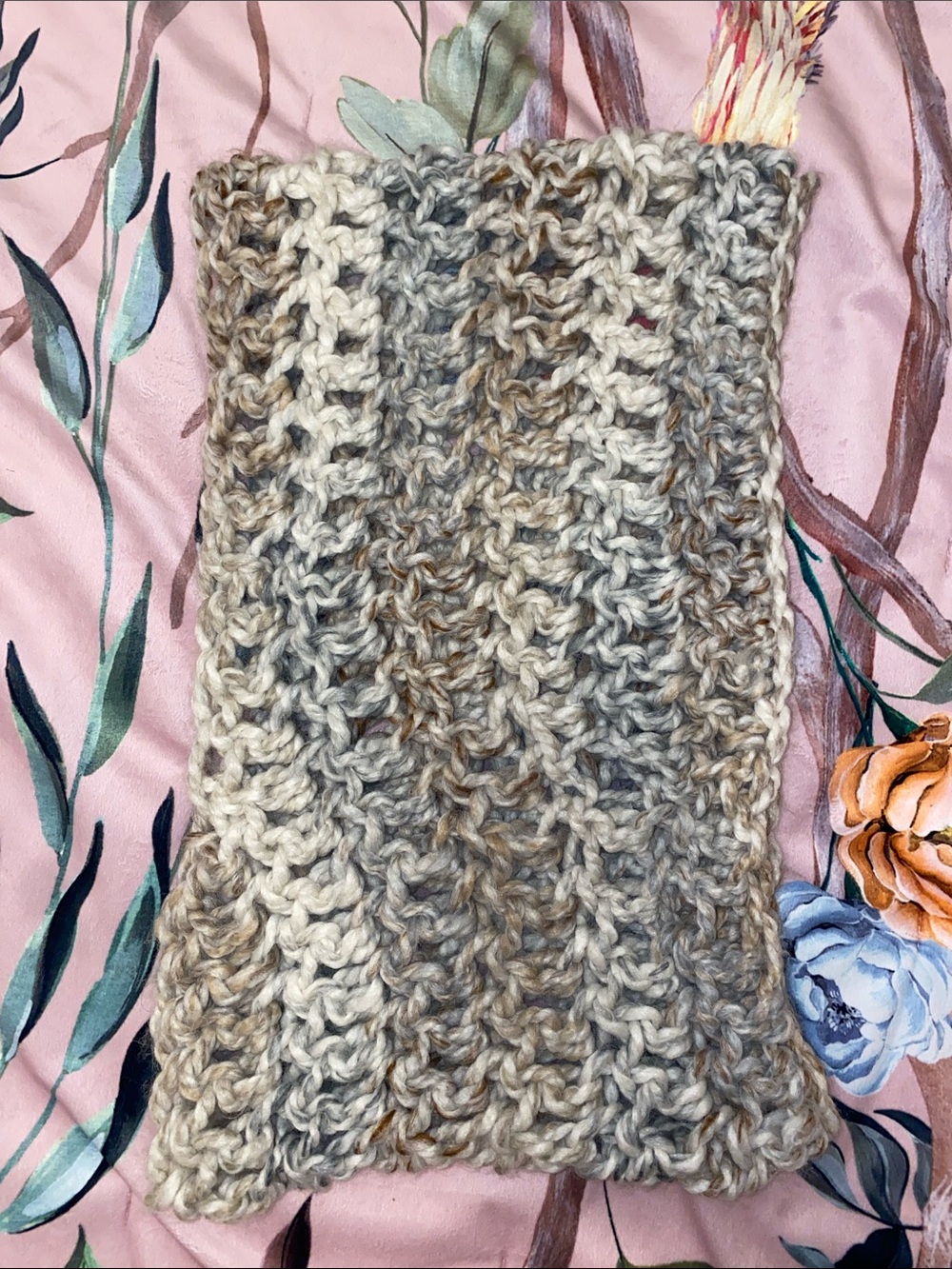 Hand-Knit Chunky Neutral Infinity Scarf - Beige Gray Blend